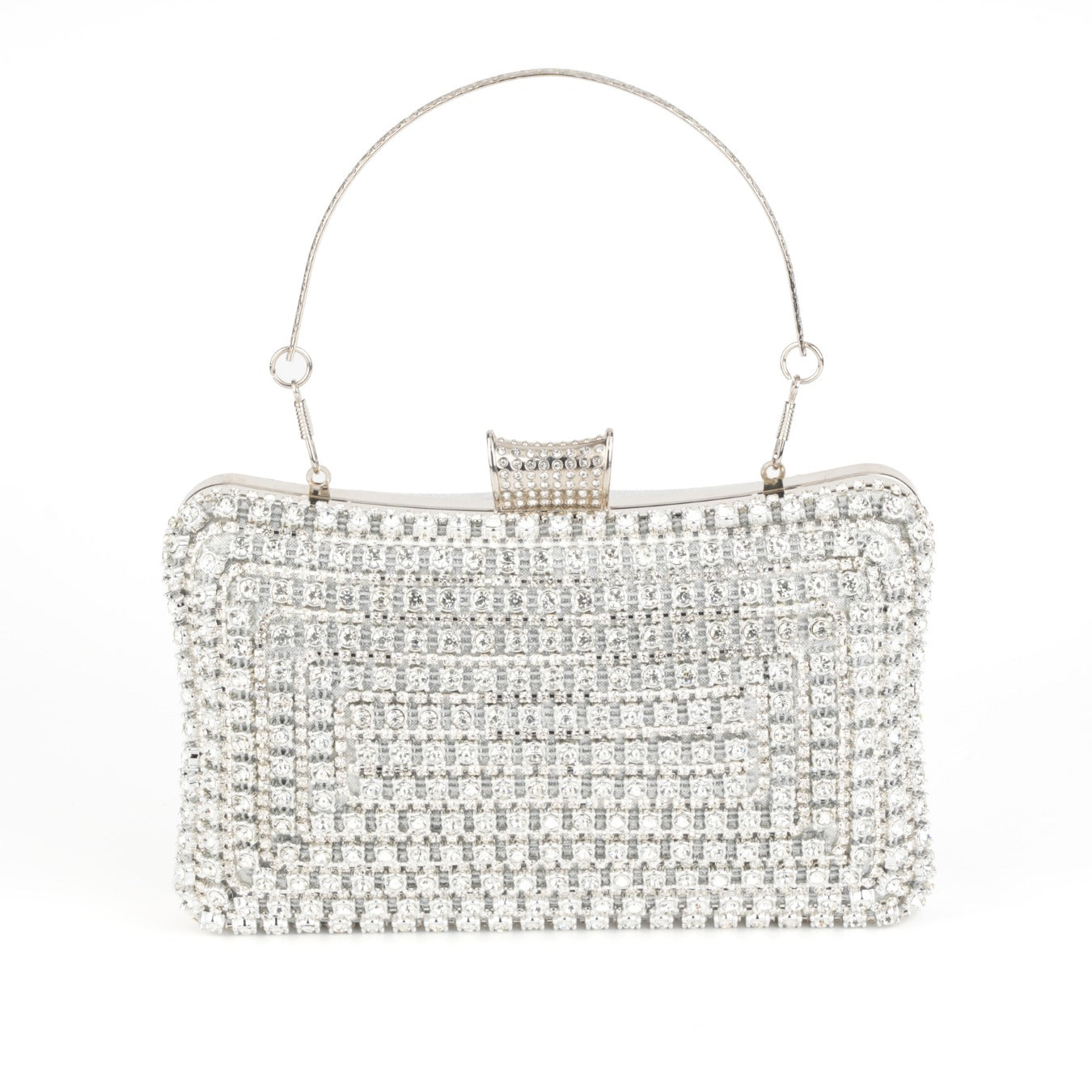 Silver rhinestone studded evening clutch bag with chain strap – ARLANA