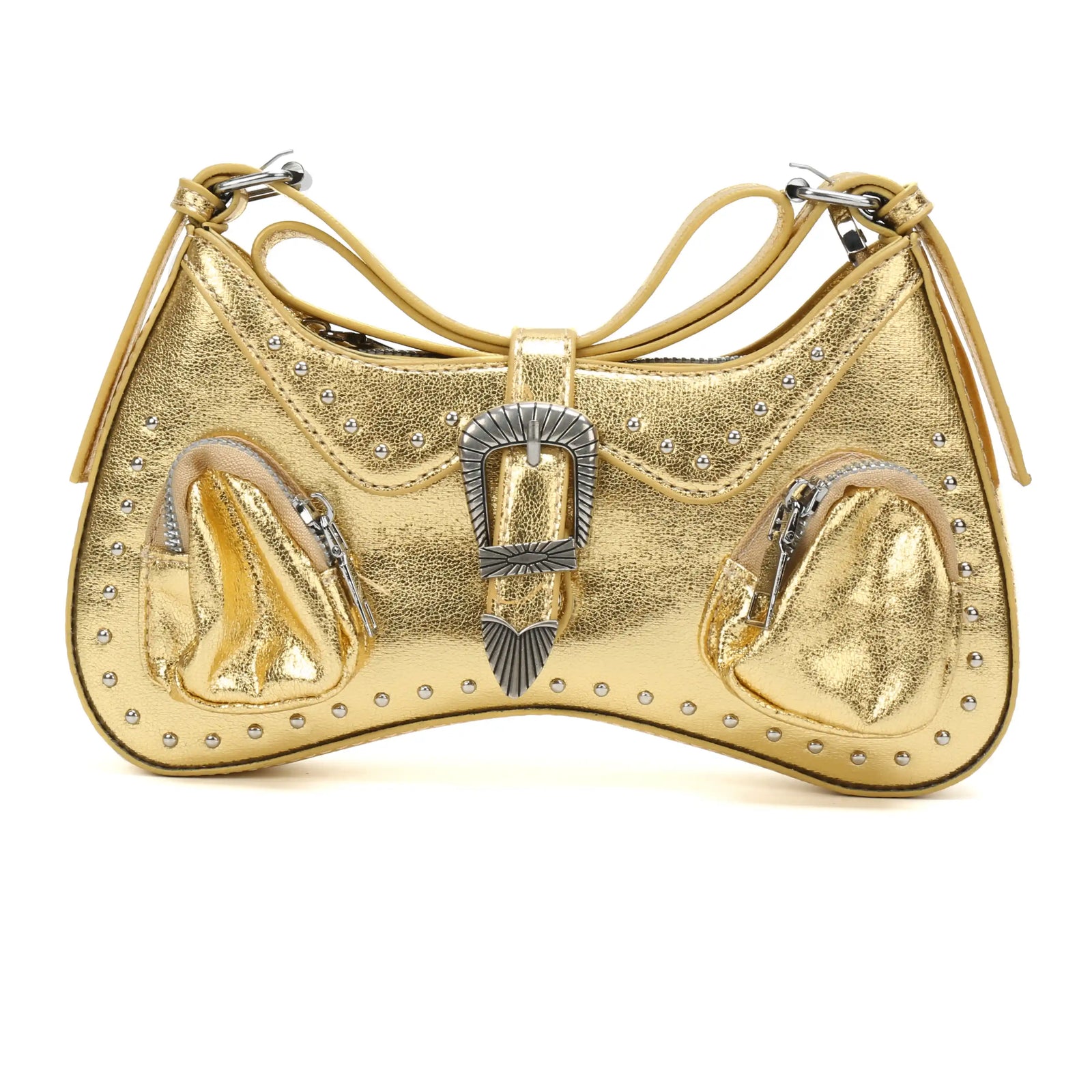 Gold Metallic Embossed Shoulder Bag – Buckle Detail Handbag for Women