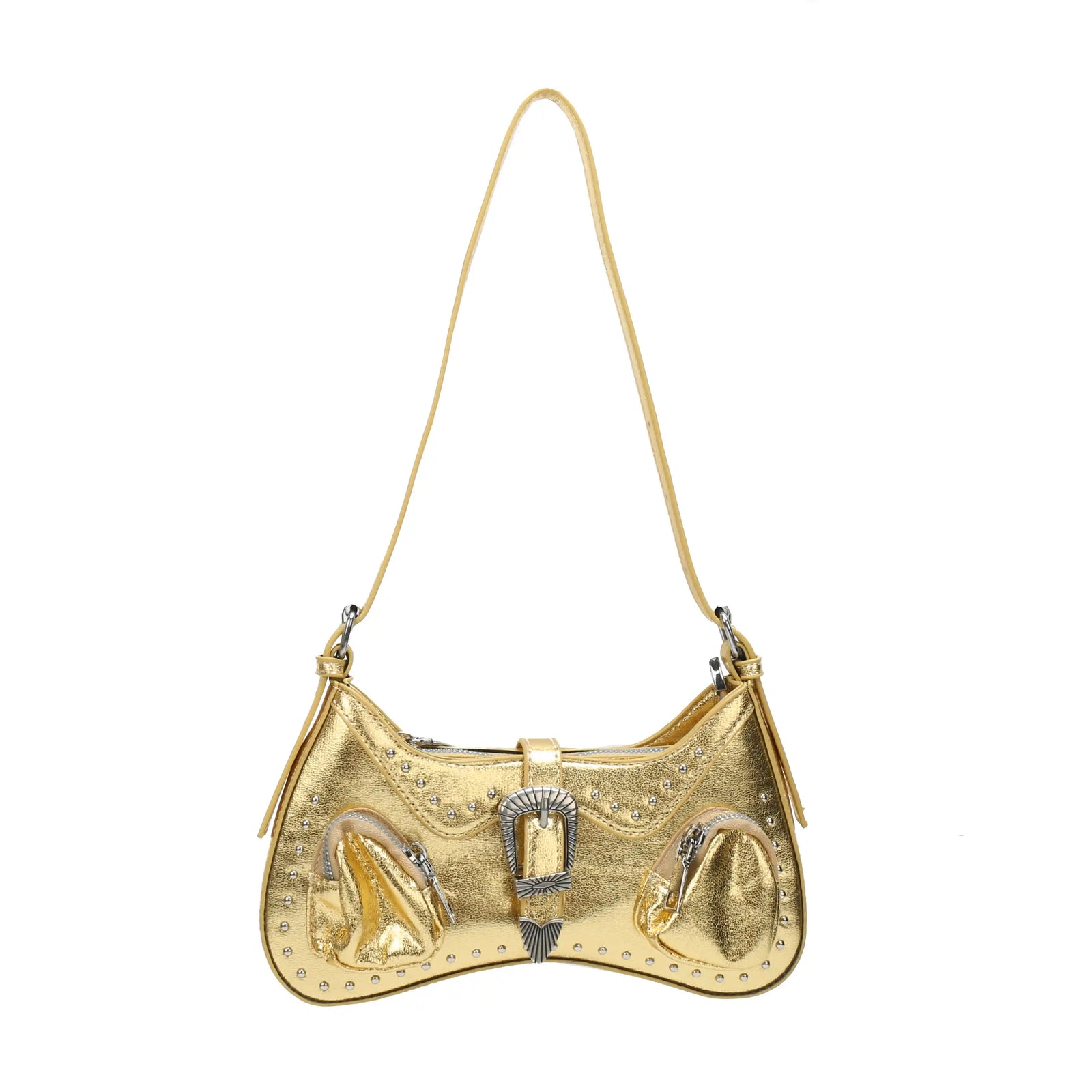 Gold Metallic Embossed Shoulder Bag – Buckle Detail Handbag for Women
