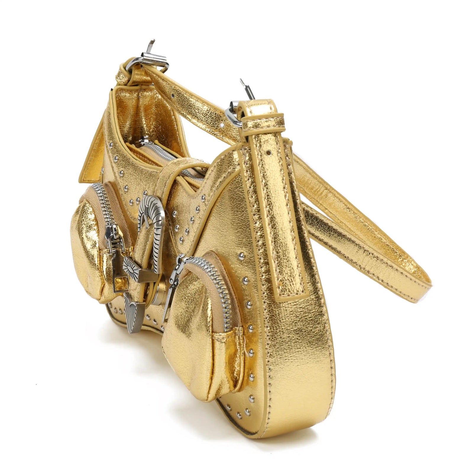 Gold Metallic Embossed Shoulder Bag – Buckle Detail Handbag for Women