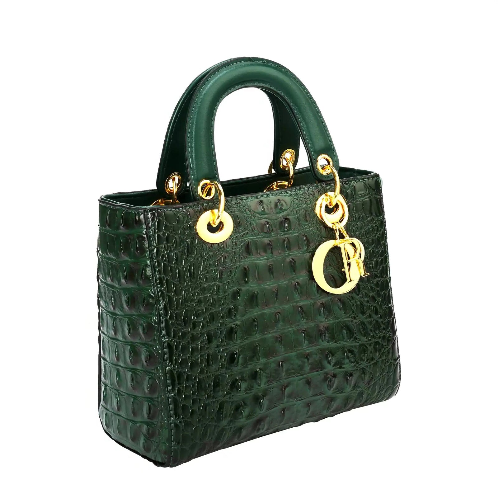 Crocodile embossed handbag in dark green vegan leather – ARLANA