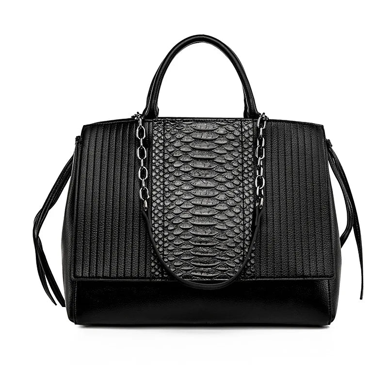 Croc embossed vegan leather tote bag in black with chain strap – ARLANA Sofia