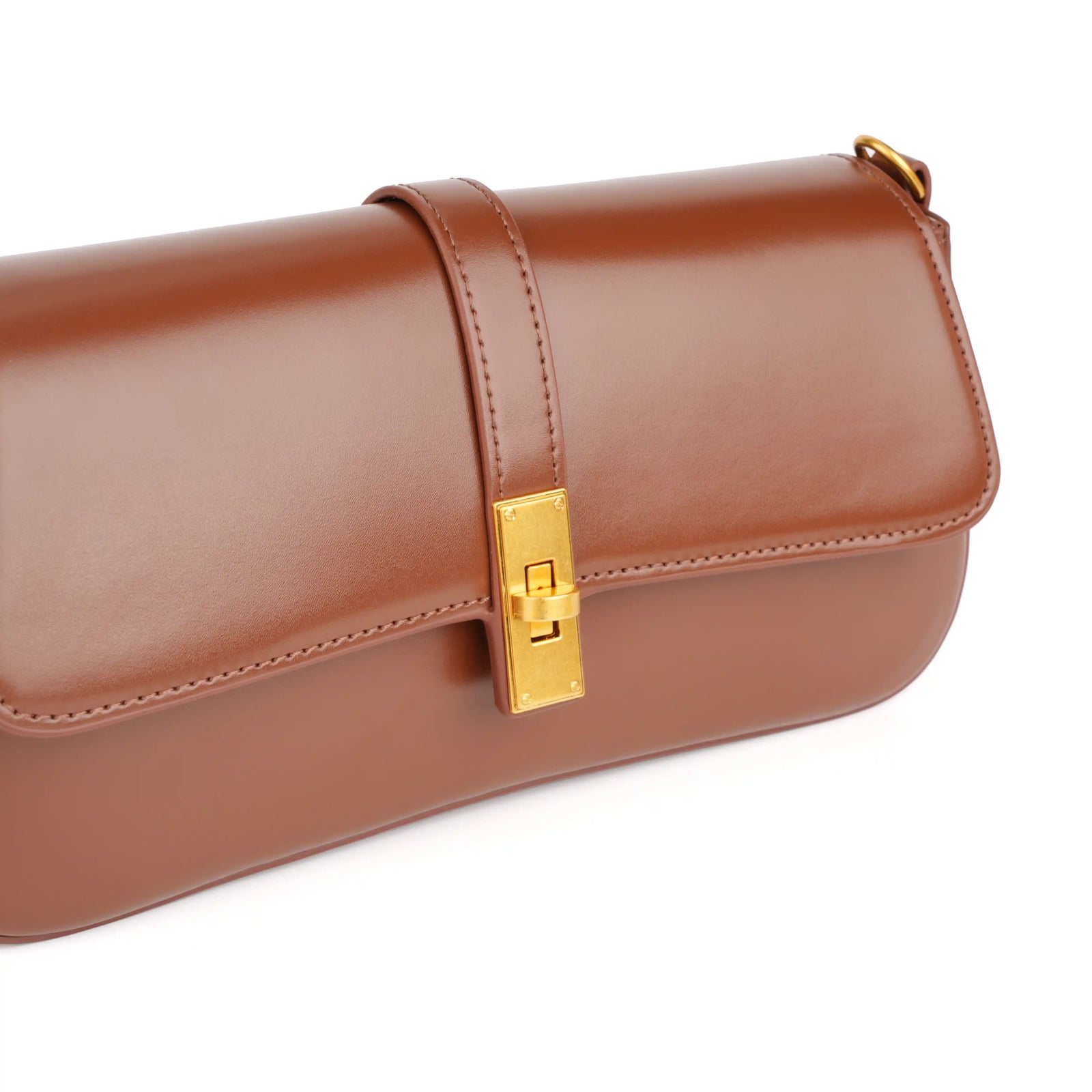 Structured Vegan Leather Clutch Shoulder Bag – Gold Buckle Flap for Women