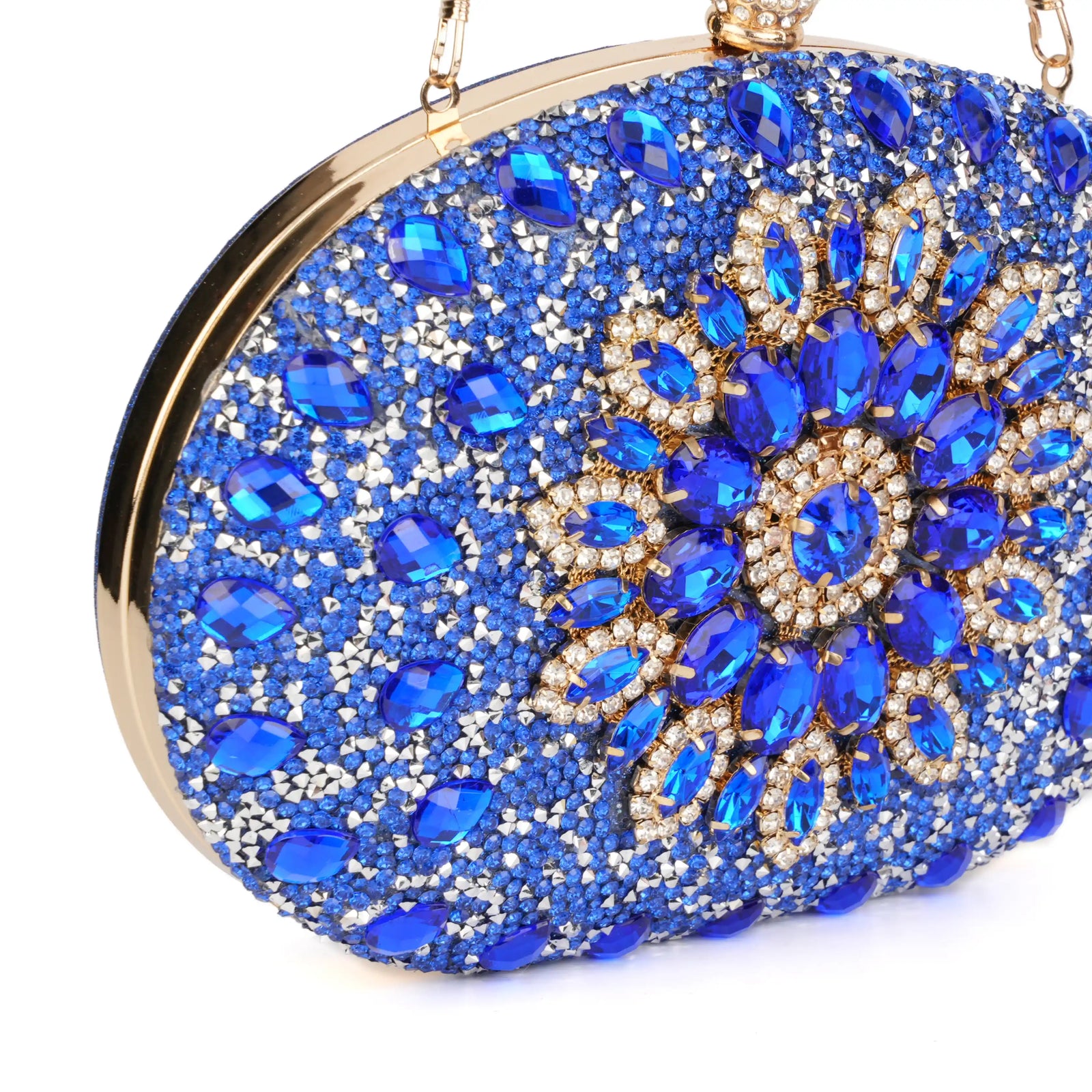 Close-up of intricate floral beadwork on oval evening clutch – ARLANA