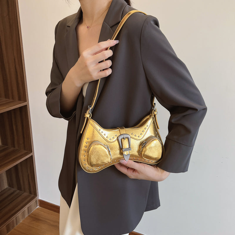 Gold Metallic Embossed Shoulder Bag – Buckle Detail Handbag for Women
