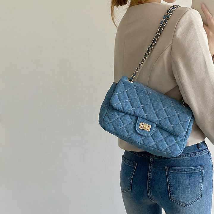 Quilted Denim Chain Shoulder Bag – Crossbody Flap Bag for Women Blue