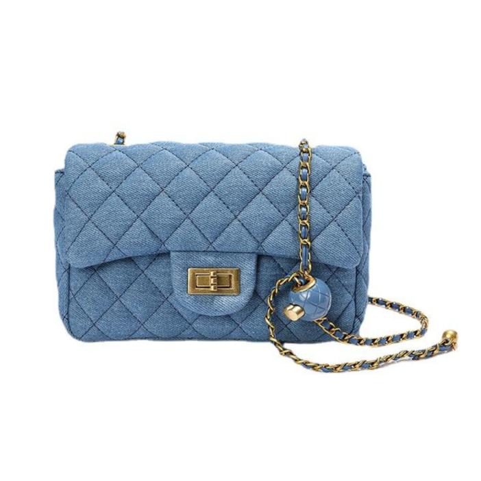 Quilted Denim Chain Shoulder Bag – Crossbody Flap Bag for Women Blue