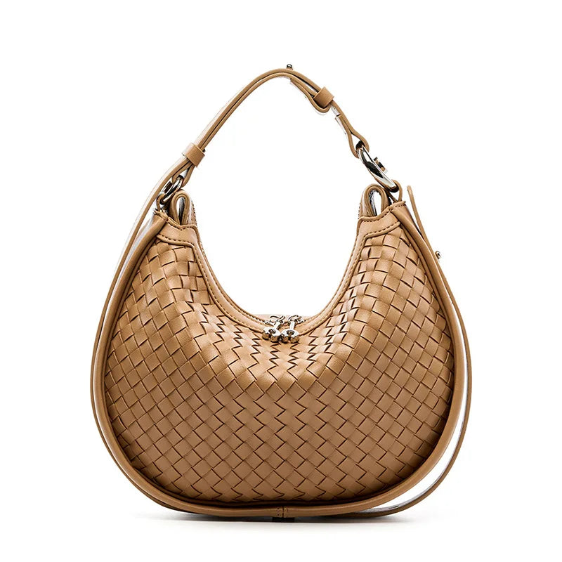 Woven leather crescent bag in warm brown – ARLANA