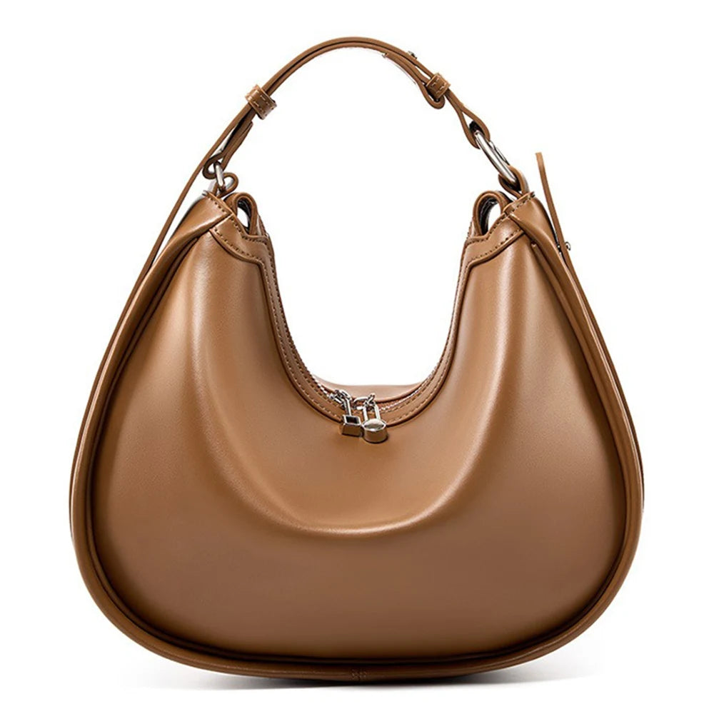 Vegan leather crescent hobo shoulder bag in warm brown – ARLANA