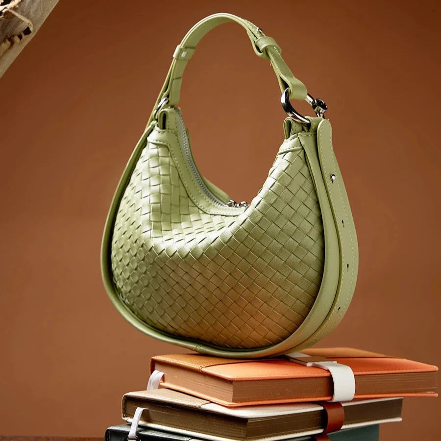 Woven Vegan Leather Crescent Shoulder Bag – Hobo Crossbody Purse for Women