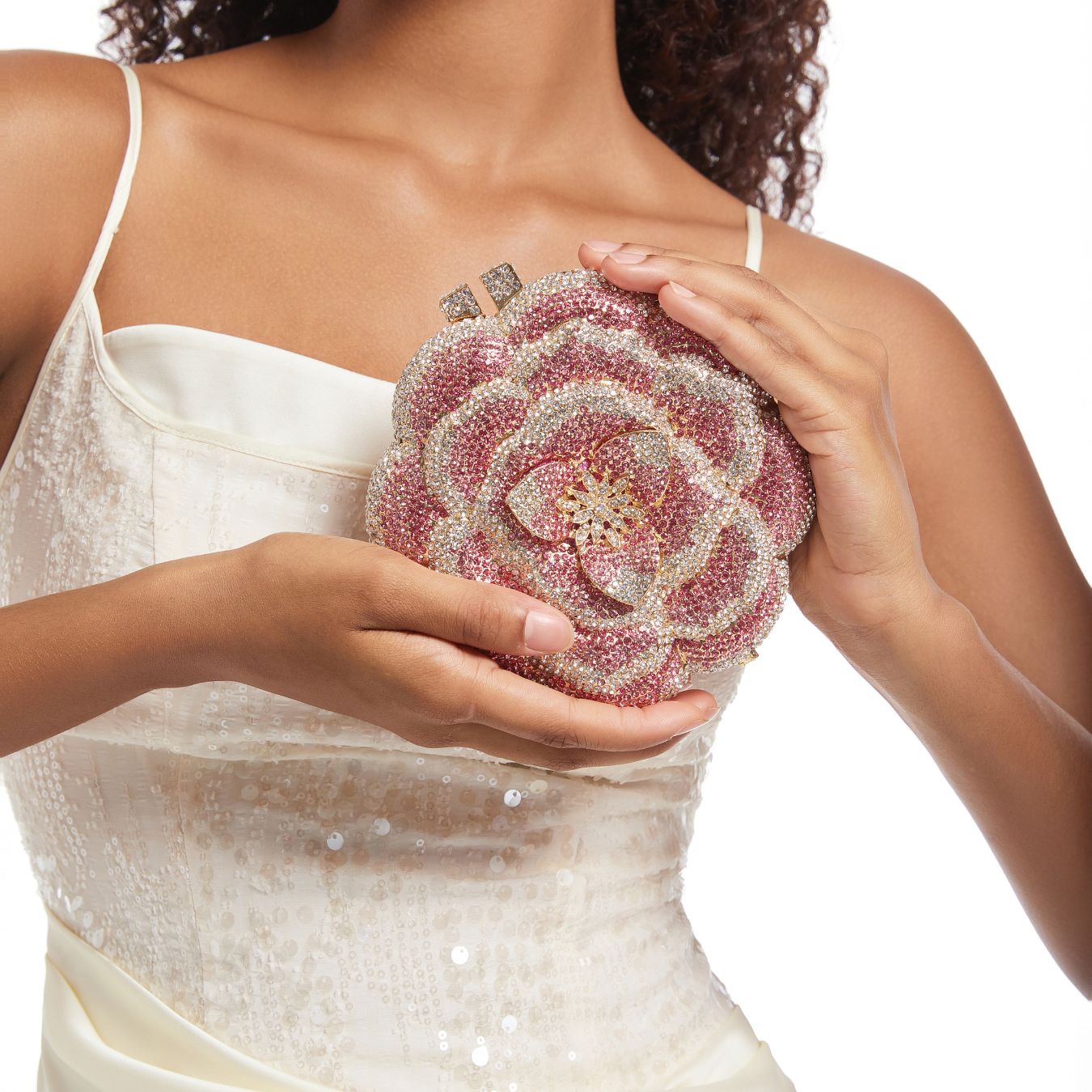 3D Flower Beaded Clutch Bag – Rose Evening Purse for Women Pink