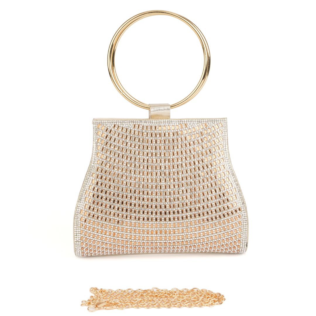 Crystal rhinestone mesh coverage on gold evening clutch – ARLANA