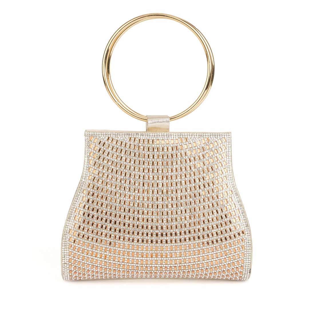 Gold rhinestone mesh top handle clutch bag with ring handle – ARLANA Dubai