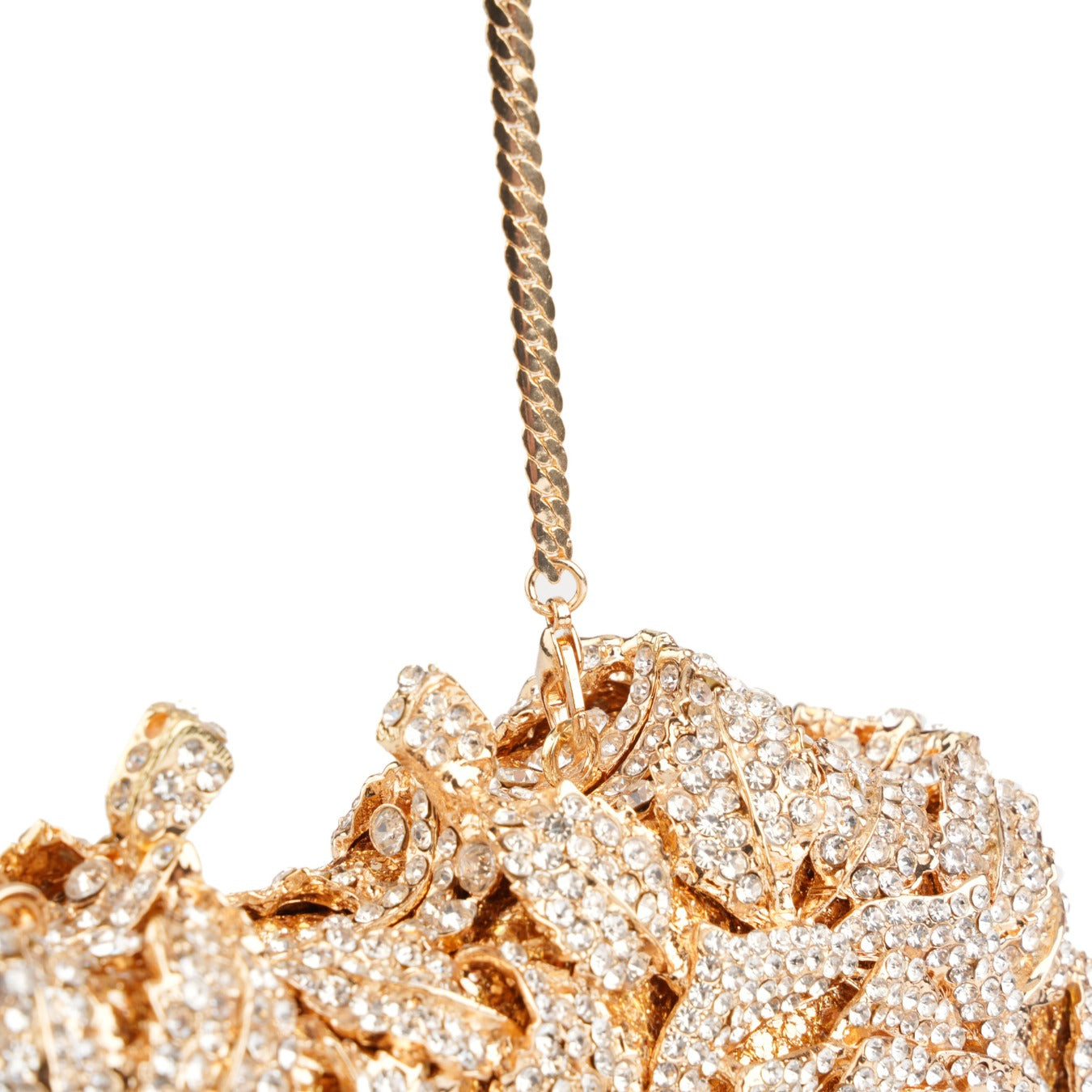 Close-up of layered 3D rose floral texture on gold clutch – ARLANA