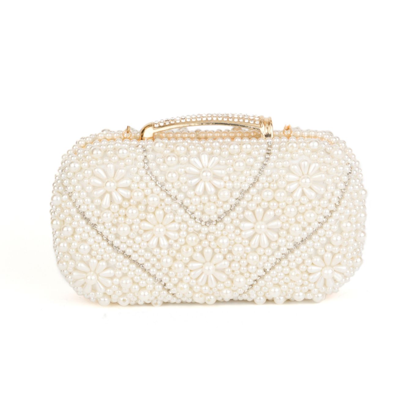 Pearl beaded quilted clutch bag with gold chain strap – ARLANA Cavelle