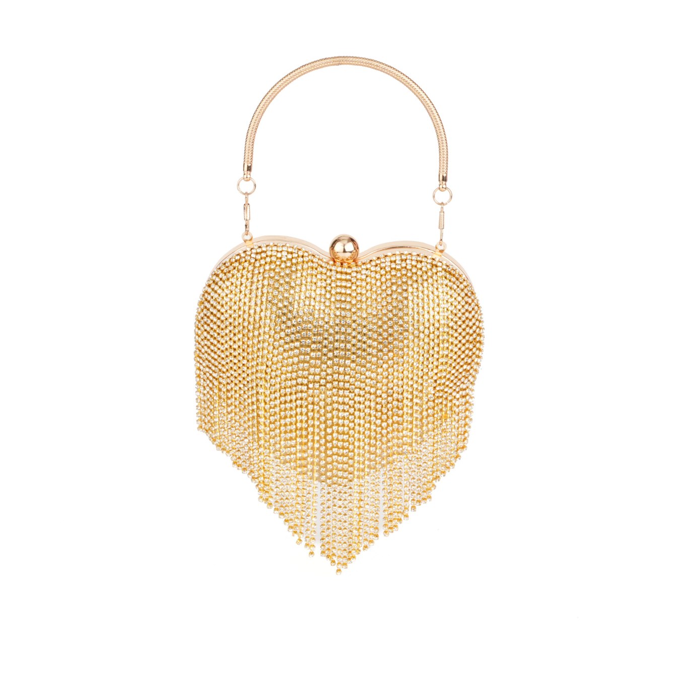 Gold heart shaped rhinestone fringe clutch bag – ARLANA Heart
