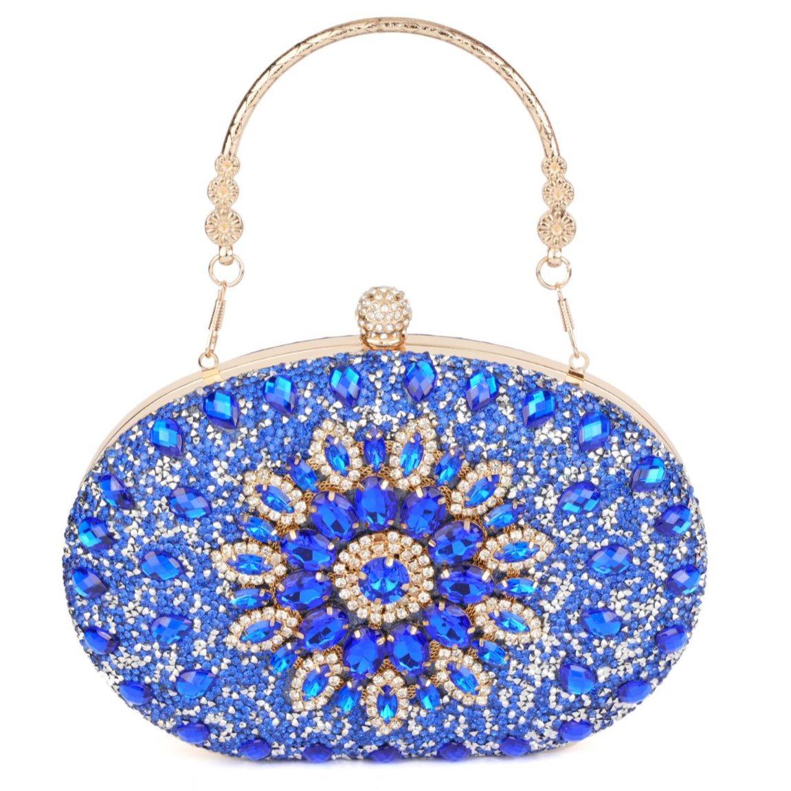 Embroidered beaded oval clutch bag in blue with floral design – ARLANA Royale