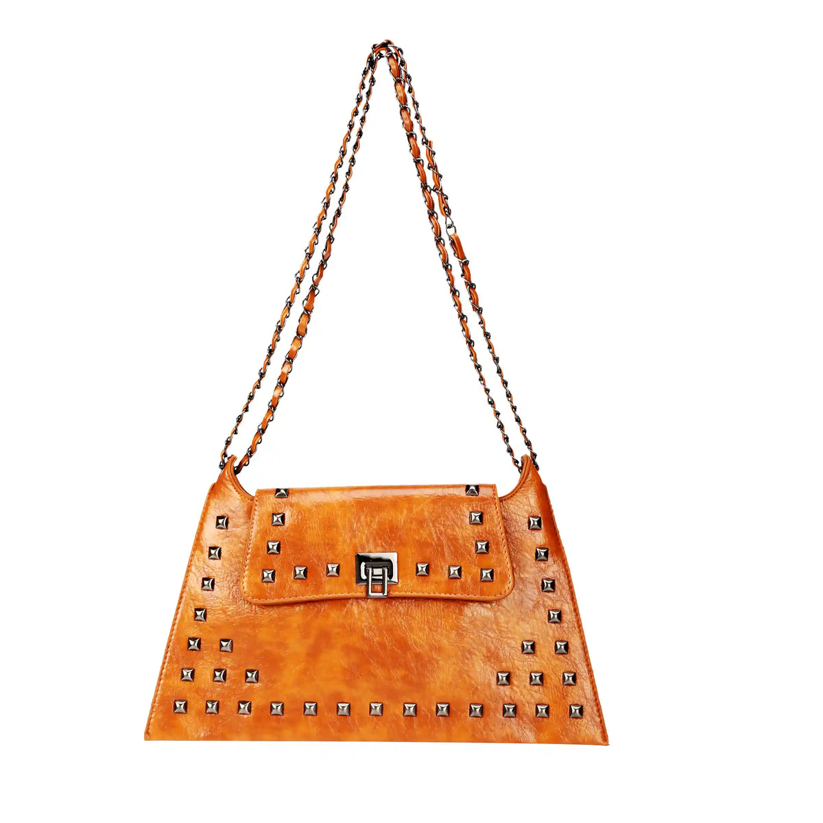 Studded vegan leather handbag in brown with gold chain – ARLANA