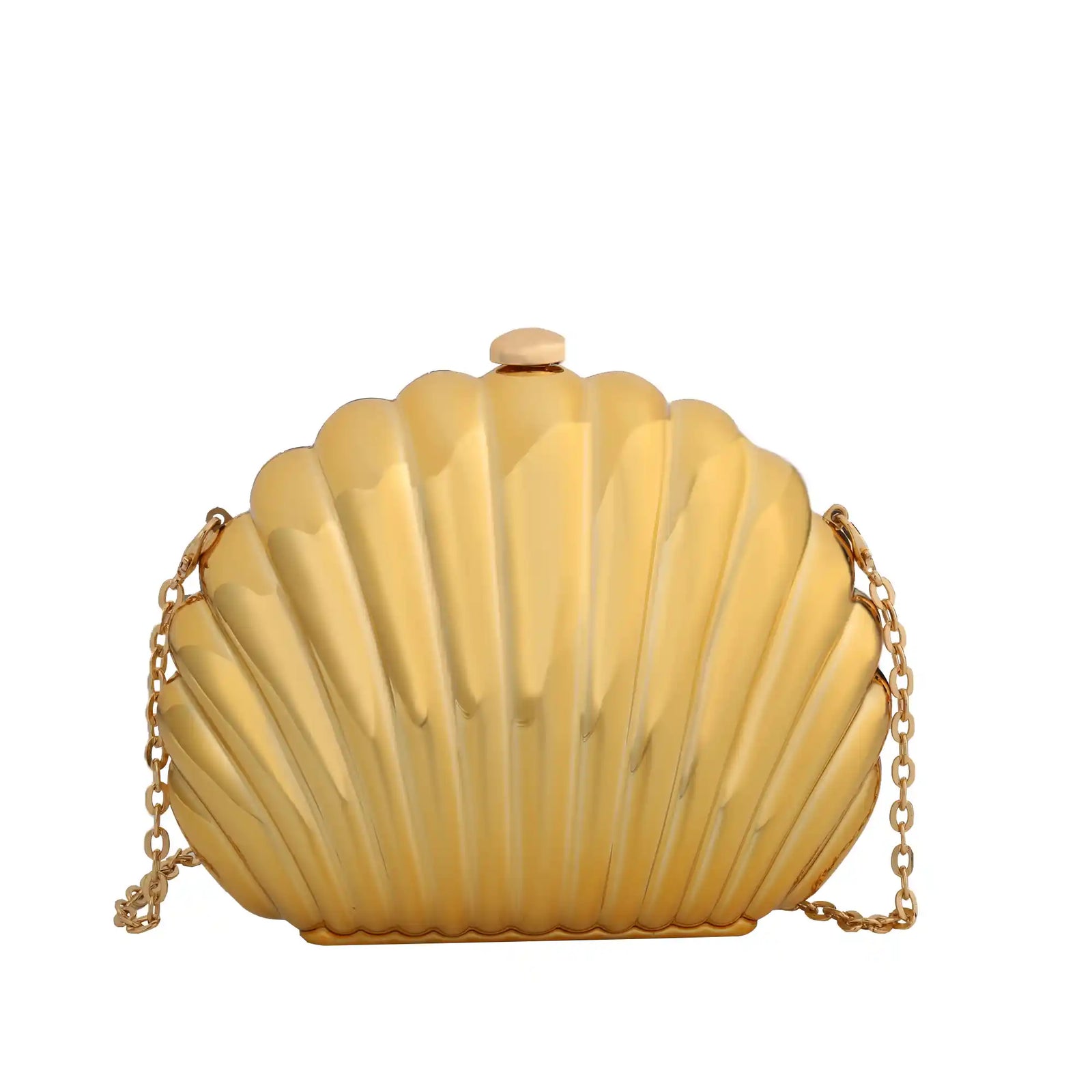 Gold shell shaped clutch bag with chain strap – ARLANA
