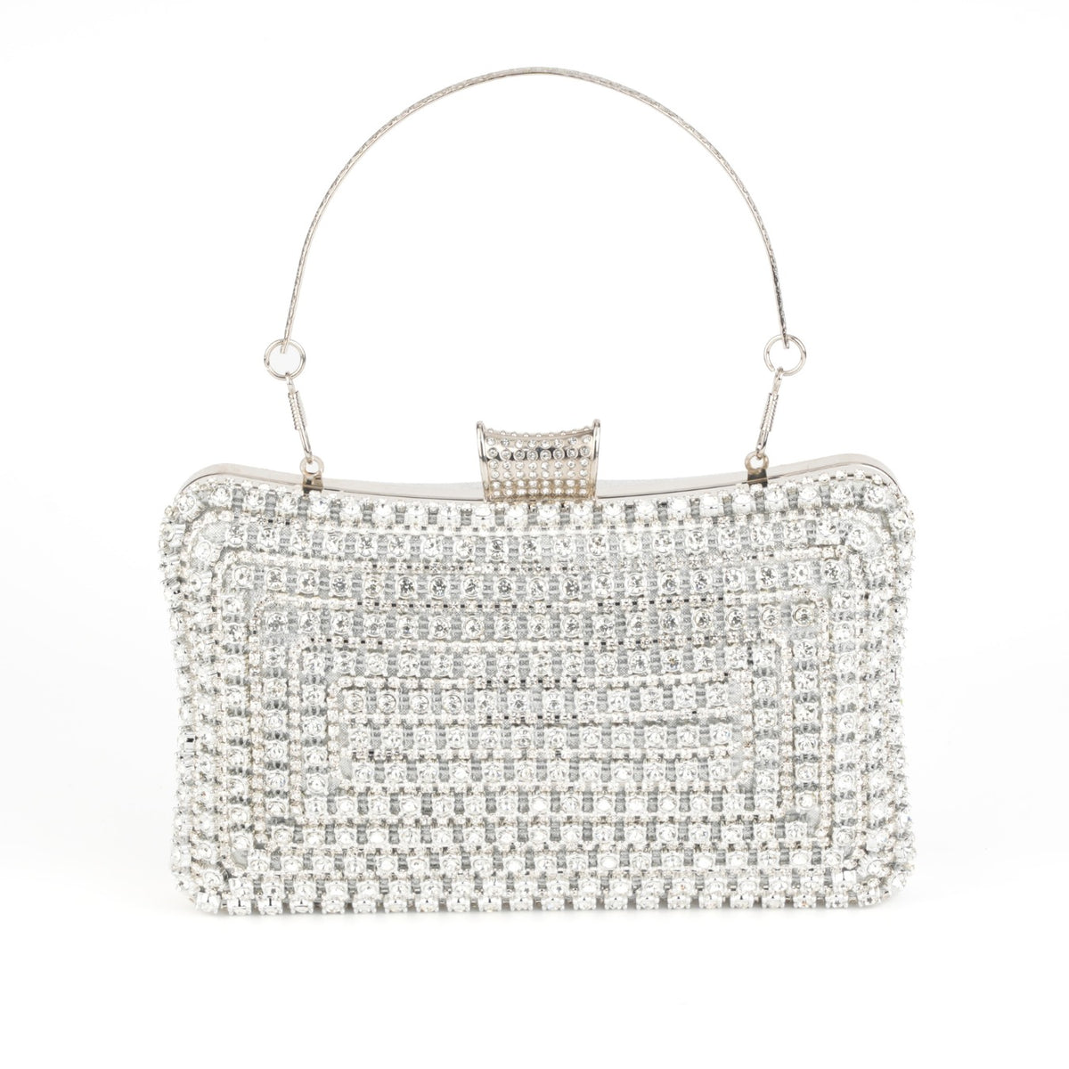 Silver rhinestone studded evening clutch bag with chain strap – ARLANA