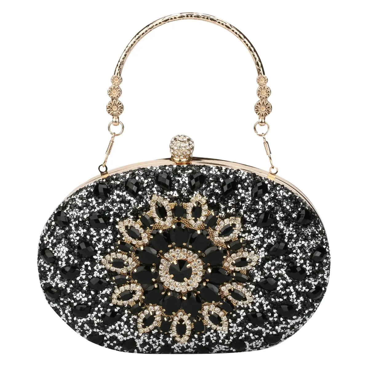 Embroidered beaded oval evening clutch in black – ARLANA
