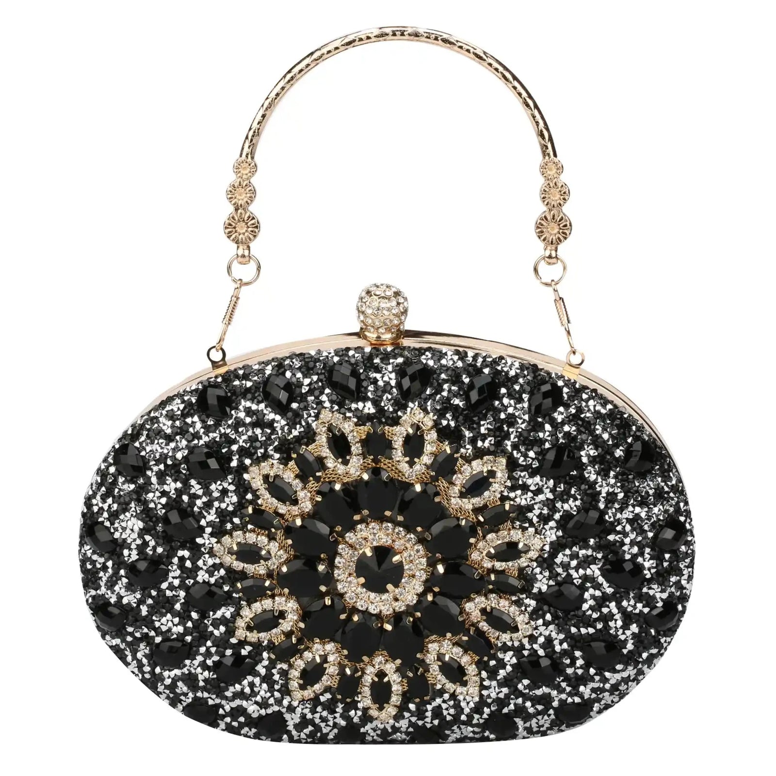Embroidered beaded oval evening clutch in black – ARLANA
