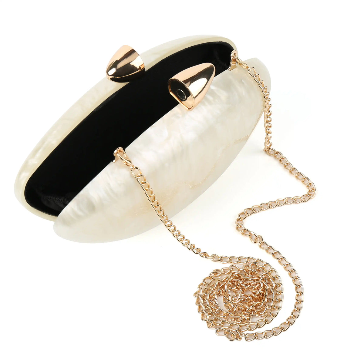 Side profile of sculptural oval acrylic clutch – ARLANA