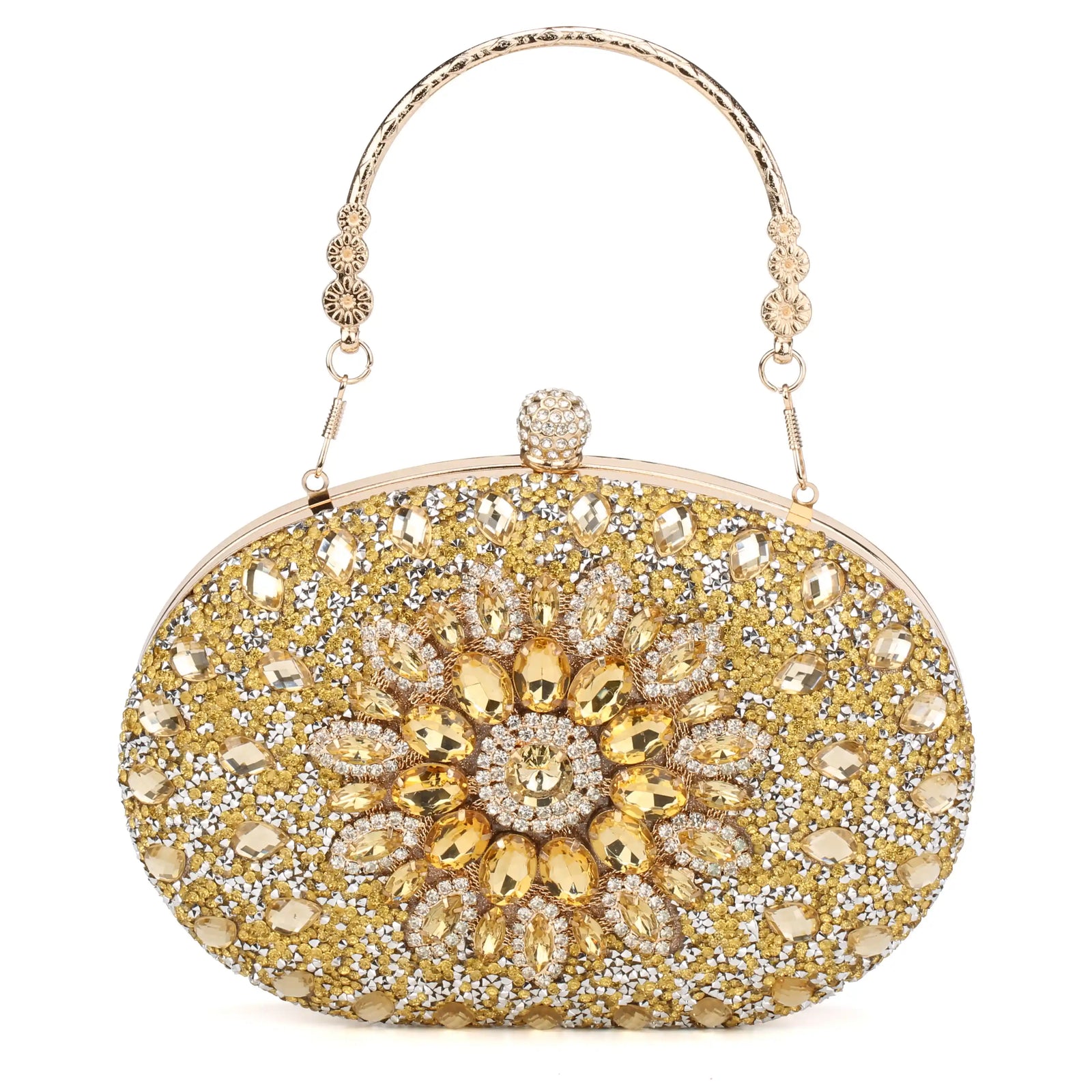 Floral embroidered oval clutch in gold – ARLANA Royale