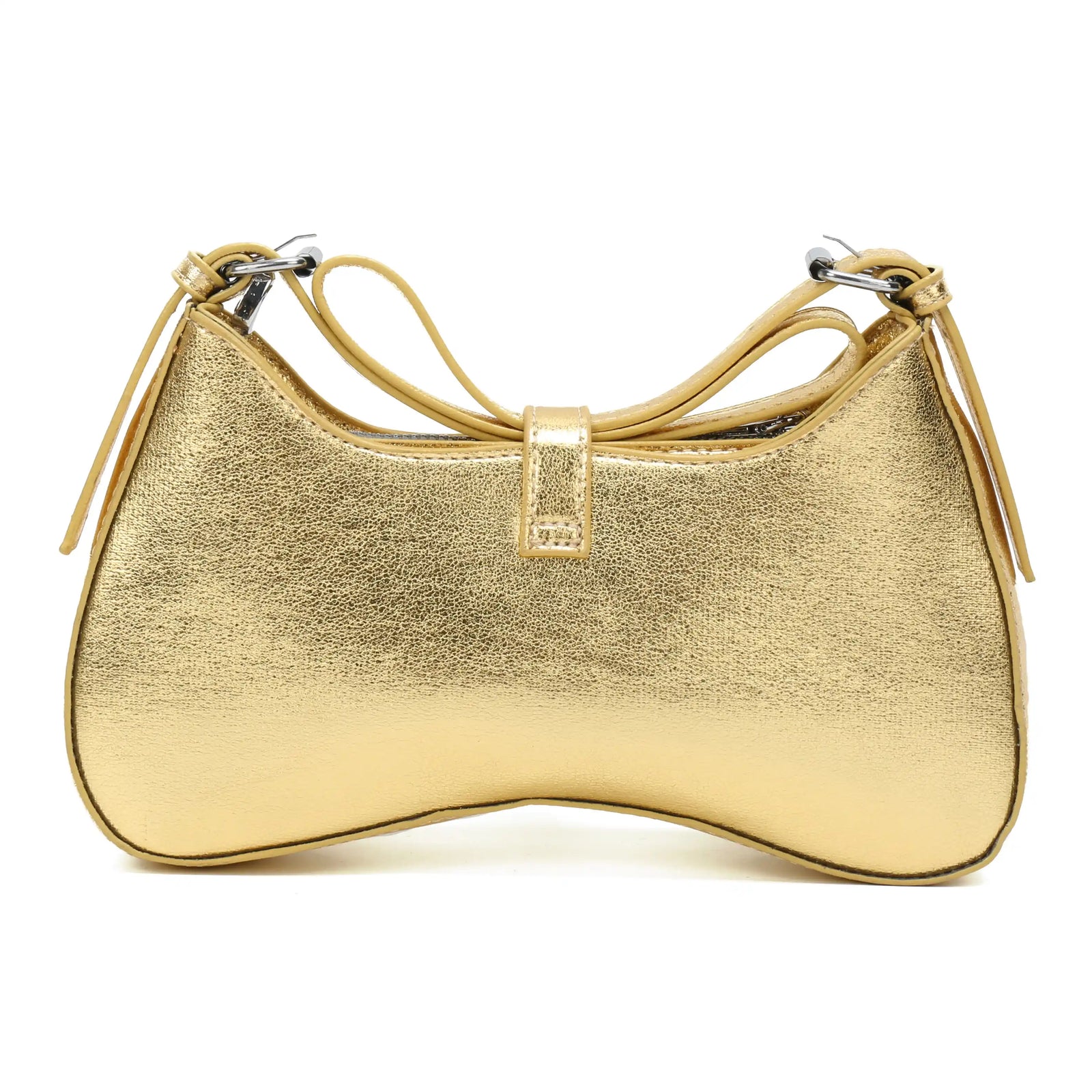 Gold Metallic Embossed Shoulder Bag – Buckle Detail Handbag for Women