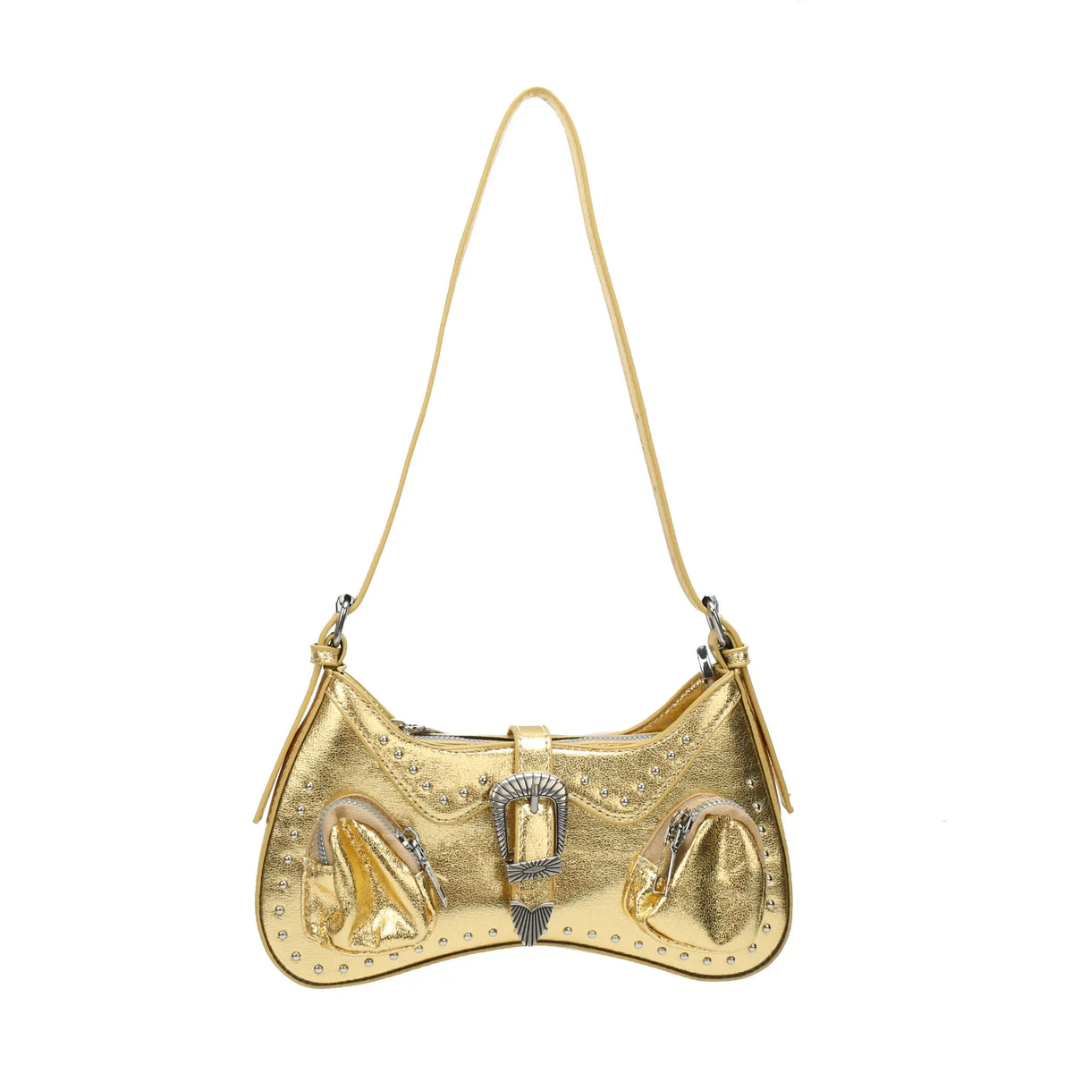 Gold Metallic Embossed Shoulder Bag – Buckle Detail Handbag for Women