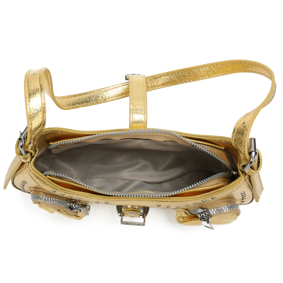 Gold Metallic Embossed Shoulder Bag – Buckle Detail Handbag for Women
