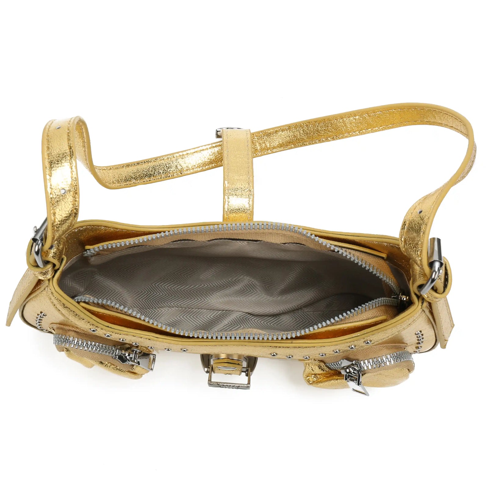 Gold Metallic Embossed Shoulder Bag – Buckle Detail Handbag for Women
