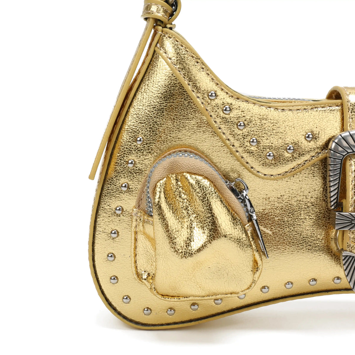 Gold Metallic Embossed Shoulder Bag – Buckle Detail Handbag for Women