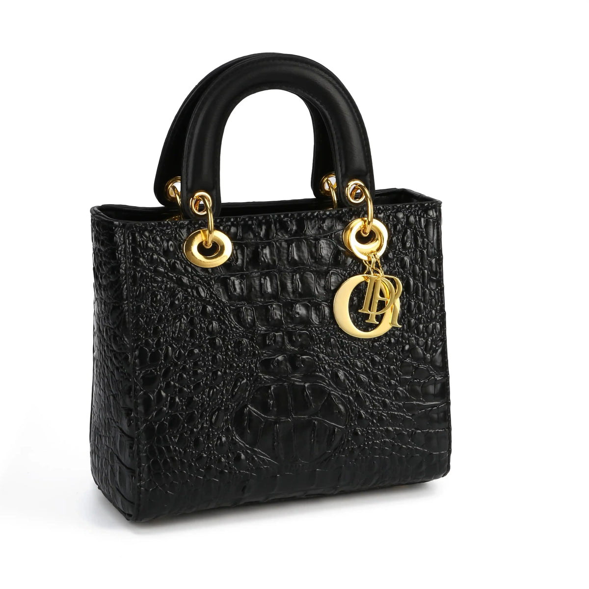 Structured croc embossed top handle bag in black – ARLANA