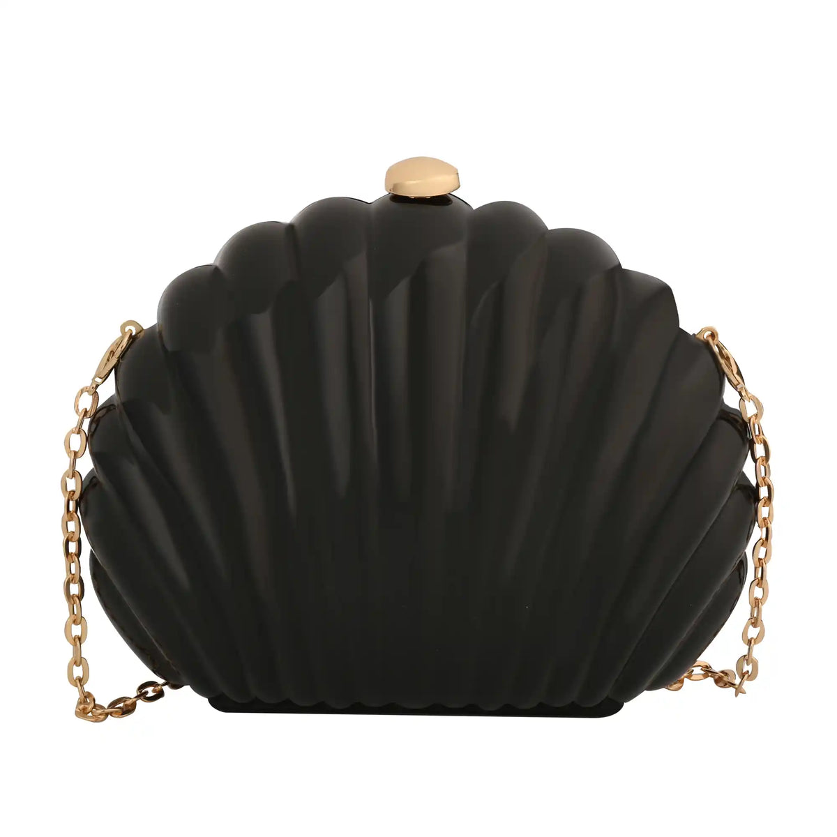 Black lacquered shell clutch bag with gold chain – ARLANA