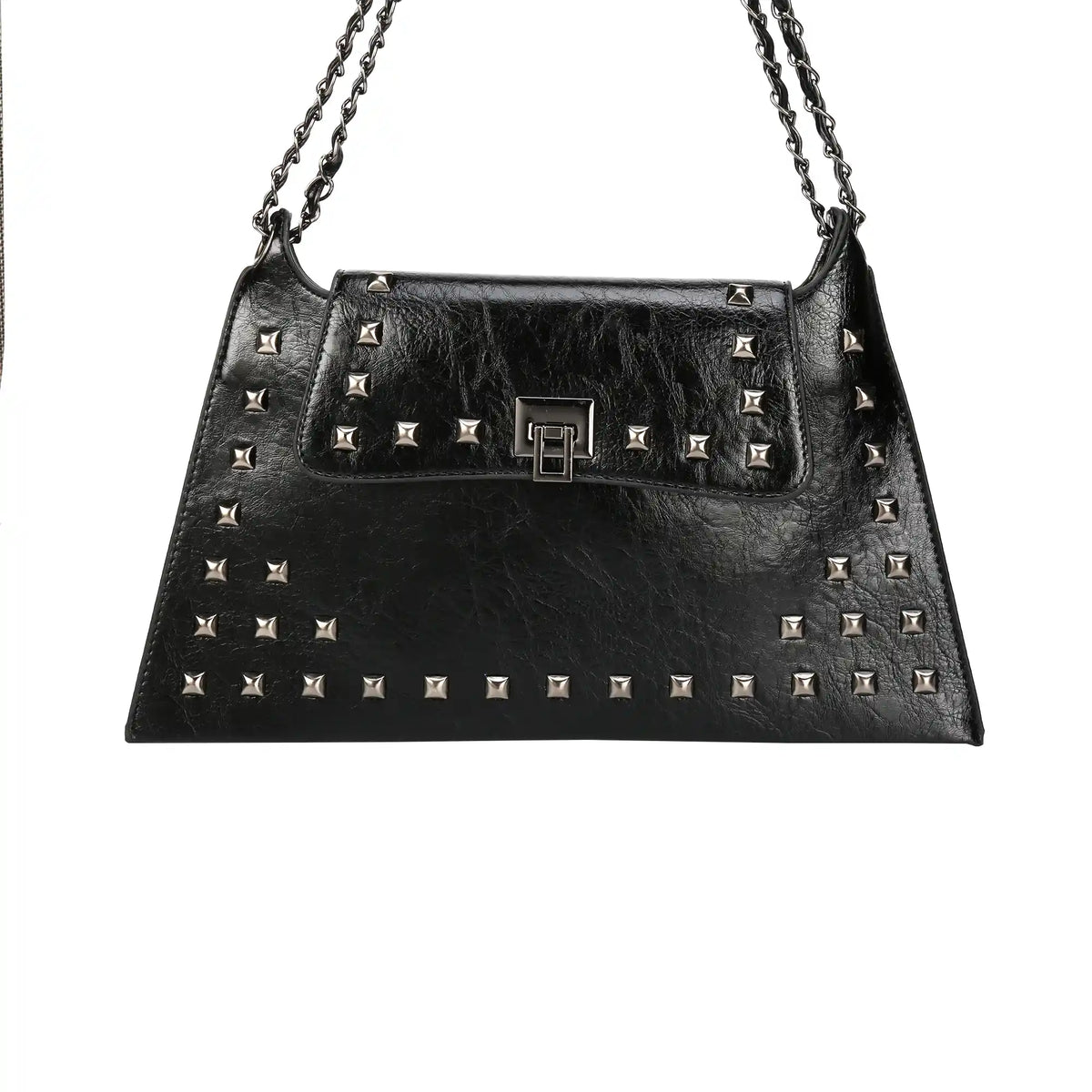Studded vegan leather shoulder bag with chain strap in black – ARLANA