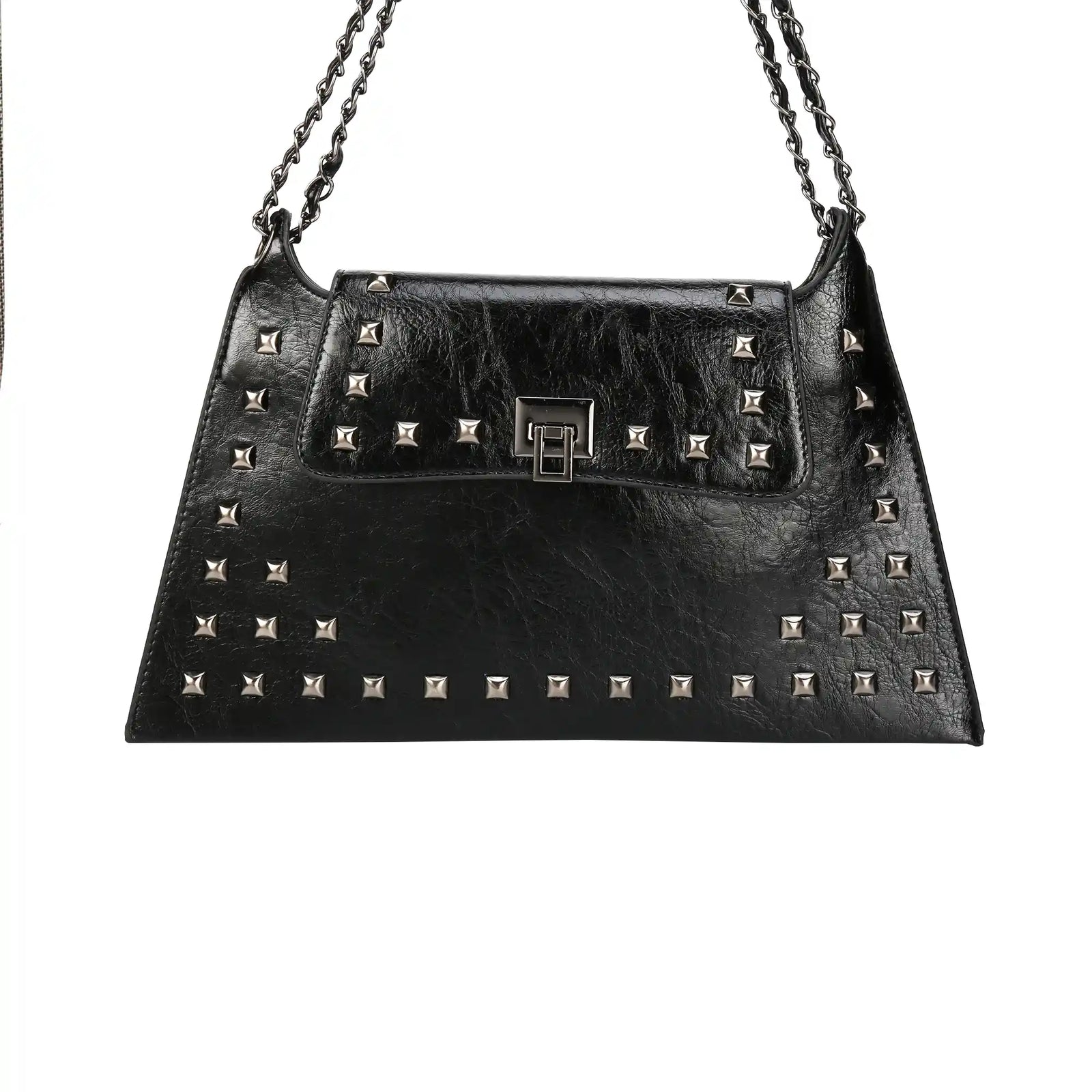 Studded vegan leather shoulder bag with chain strap in black – ARLANA