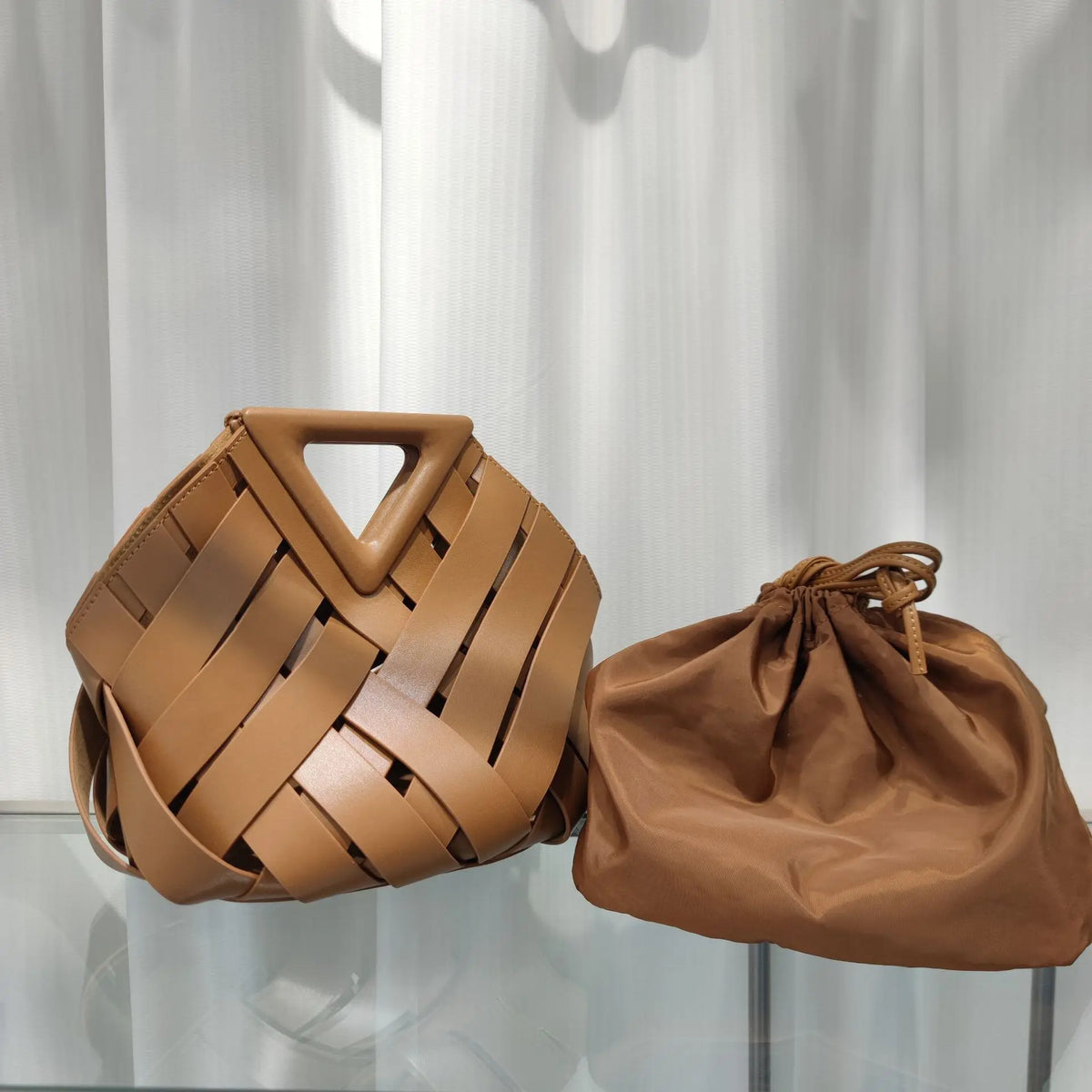 Woven Leather Geometric Top Handle Bag – Structured Handbag for Women