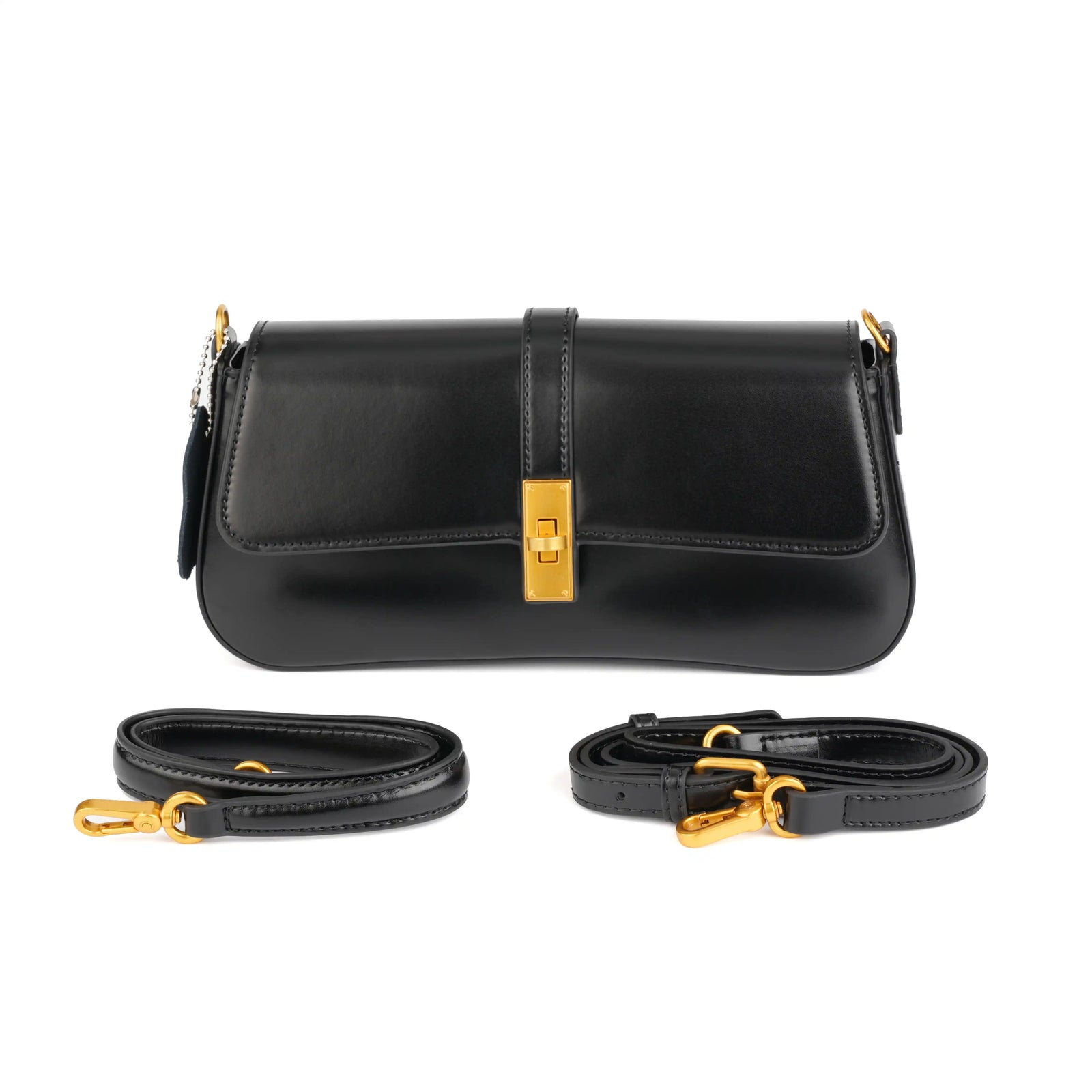 Structured Vegan Leather Clutch Shoulder Bag – Gold Buckle Flap for Women