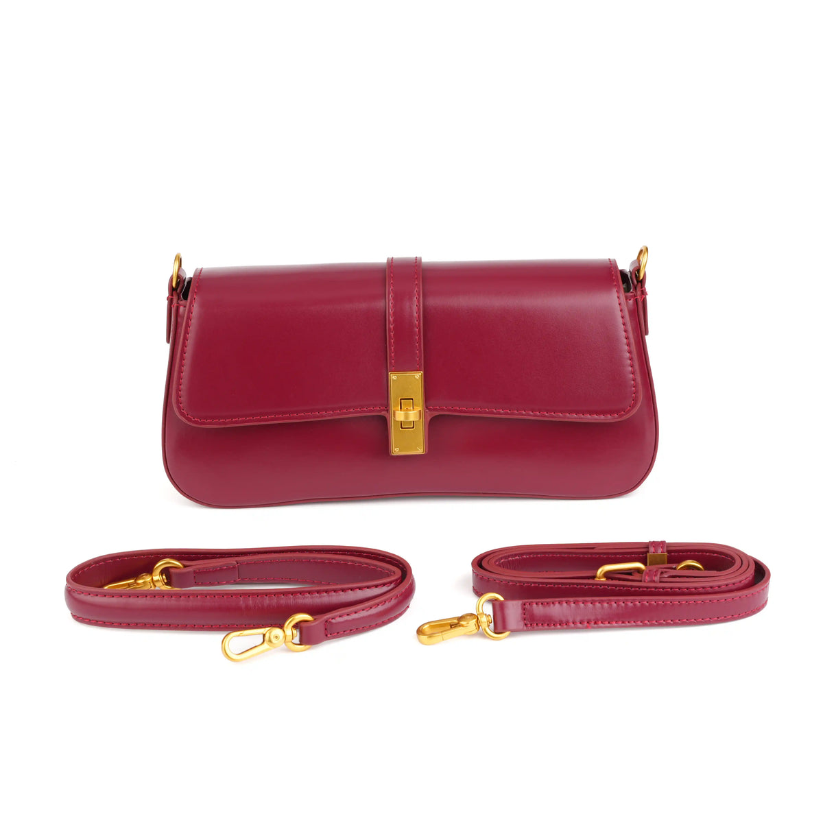 Structured Vegan Leather Clutch Shoulder Bag – Gold Buckle Flap for Women