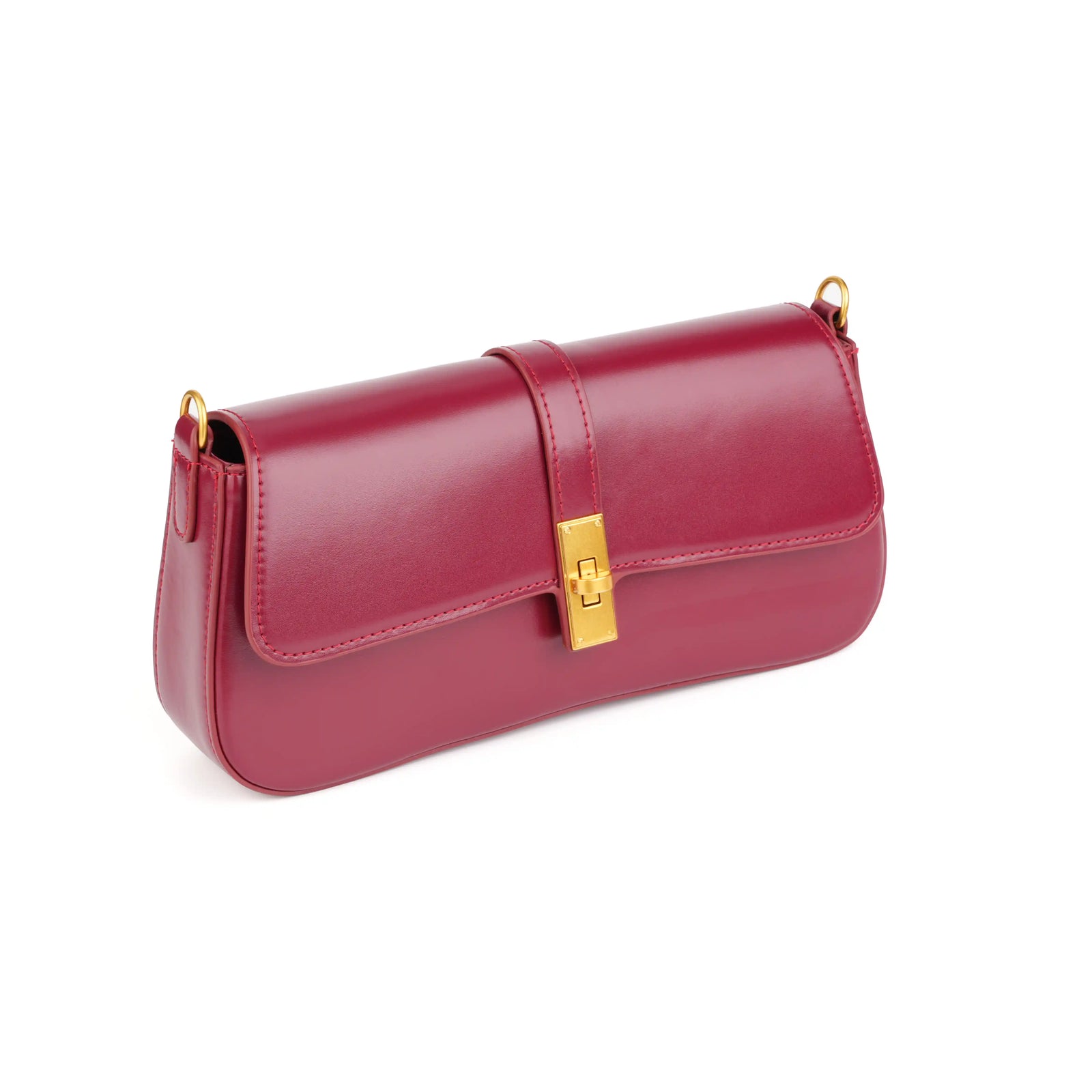 Structured Vegan Leather Clutch Shoulder Bag – Gold Buckle Flap for Women