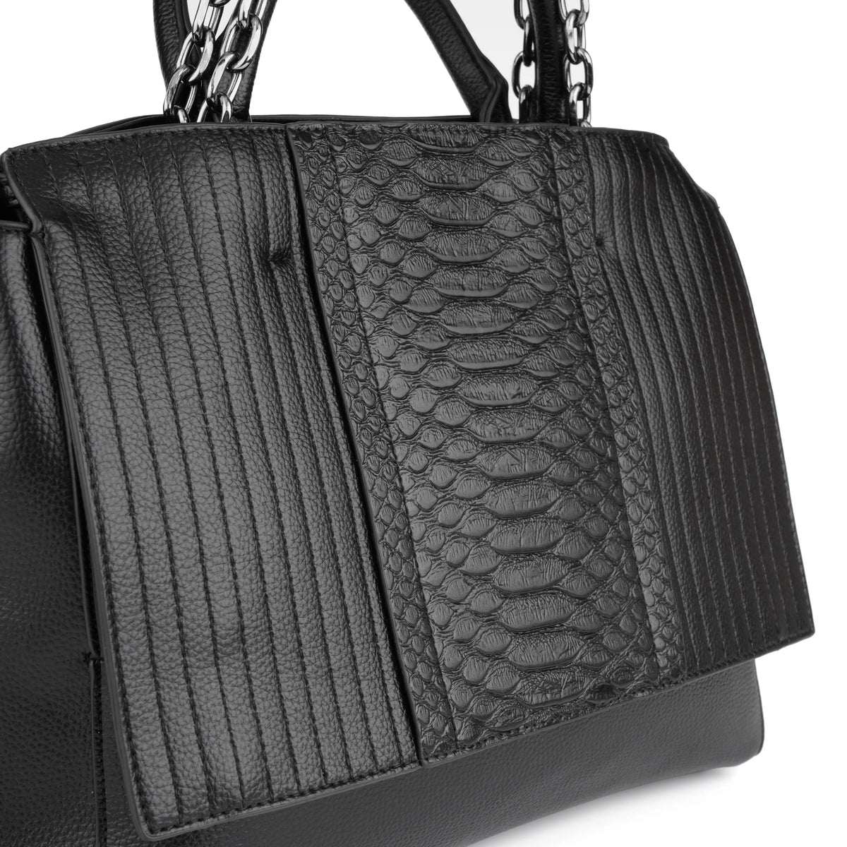 Black structured croc tote bag worn crossbody with chain strap – ARLANA