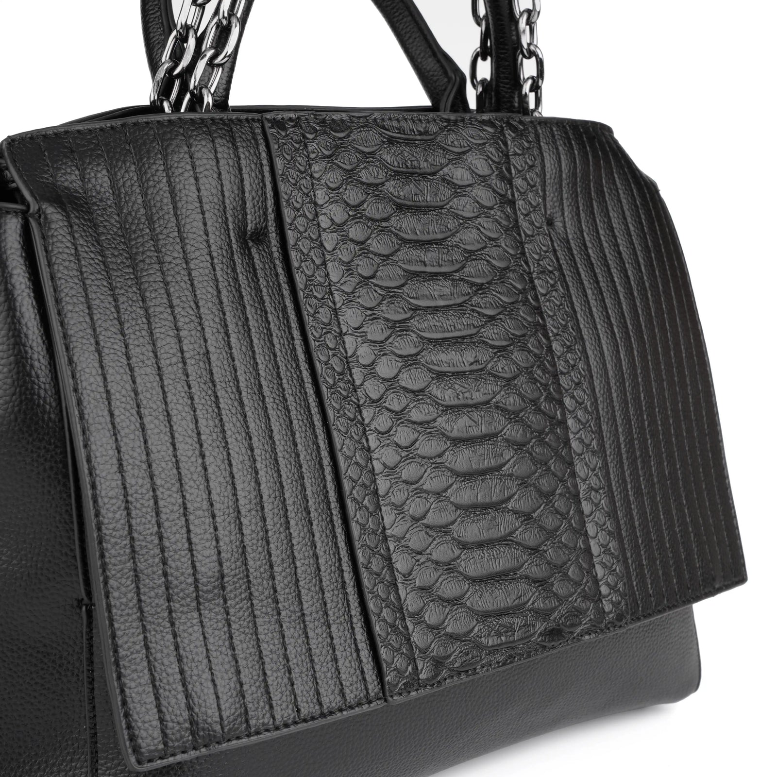 Black structured croc tote bag worn crossbody with chain strap – ARLANA