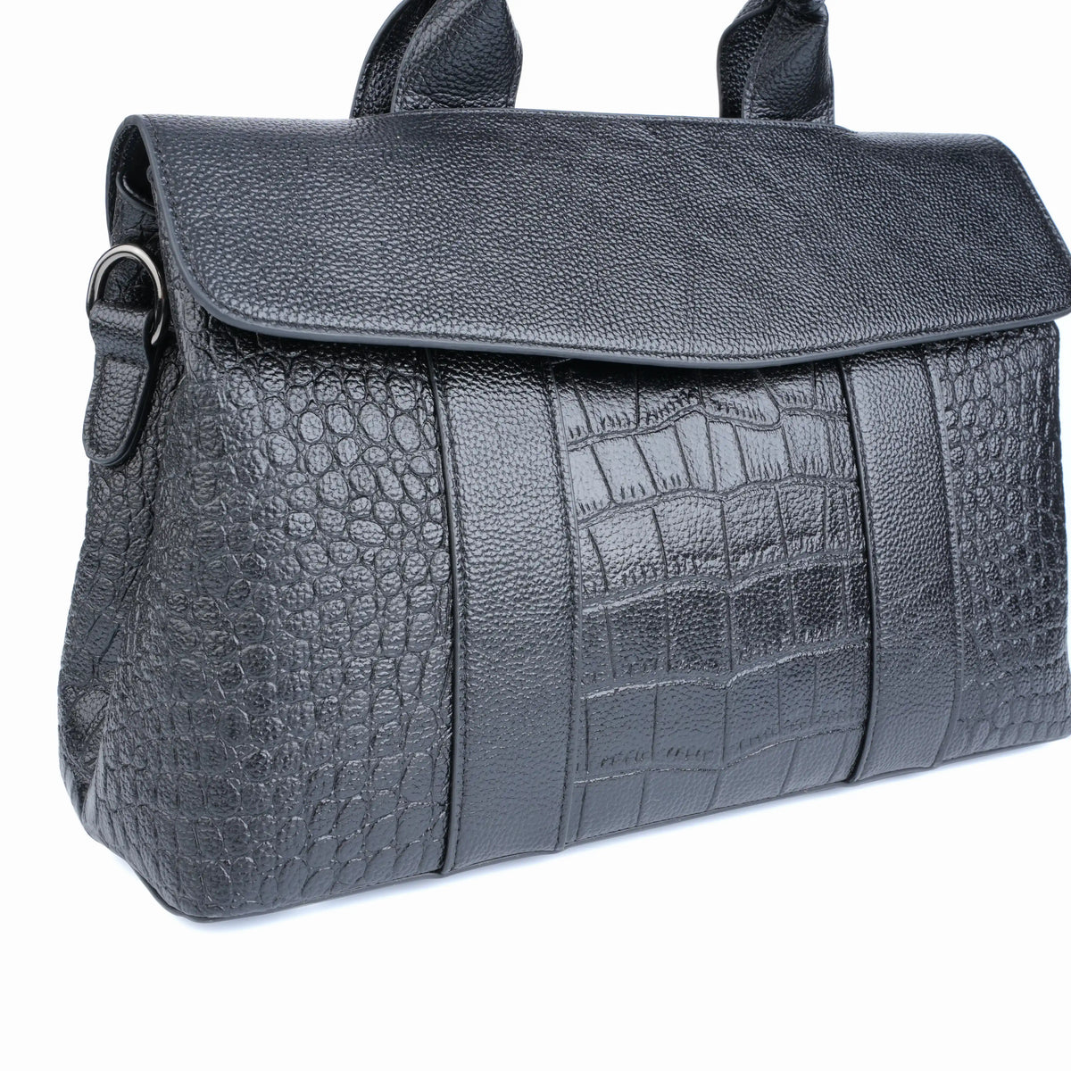 Side profile of structured briefcase tote in croc vegan leather – ARLANA
