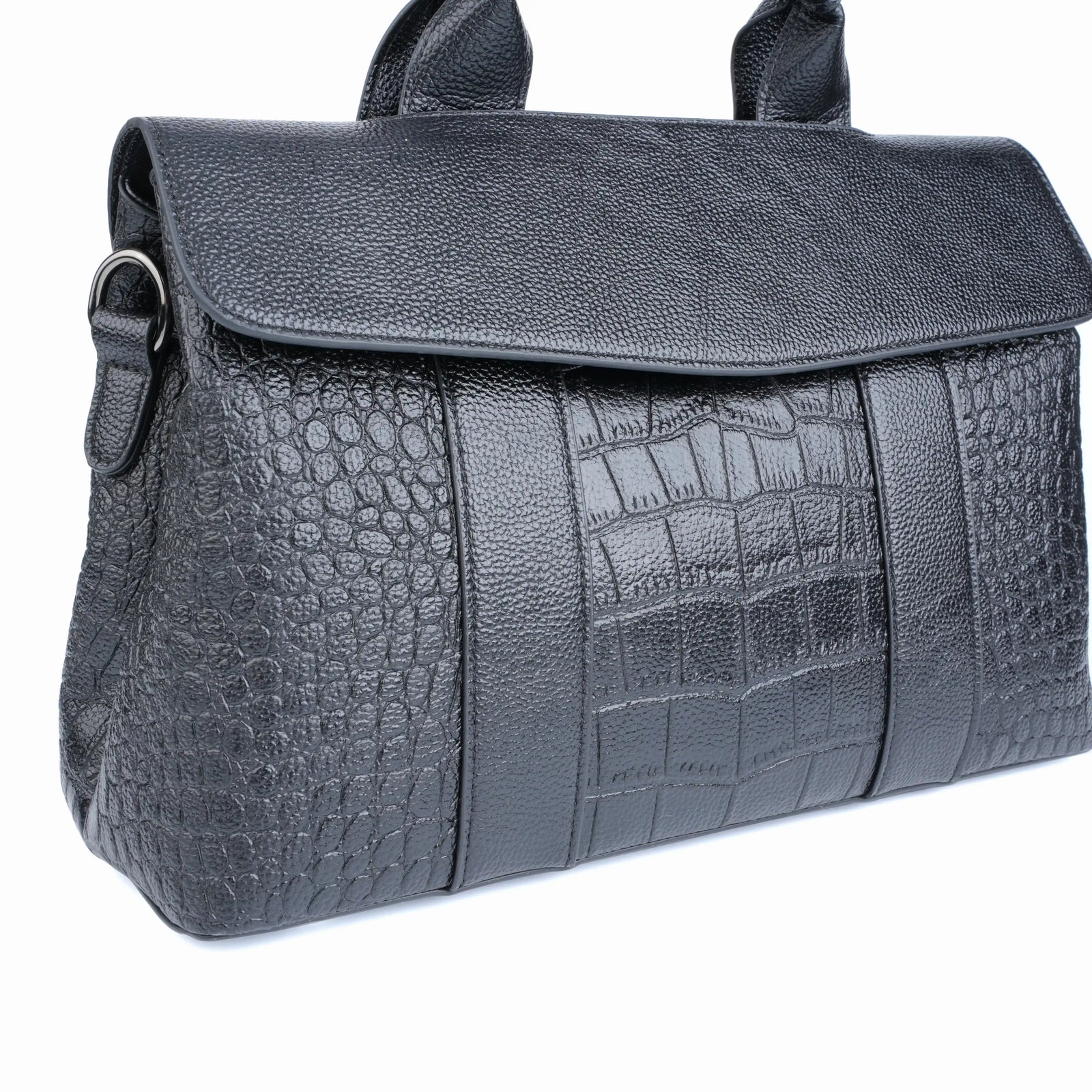 Side profile of structured briefcase tote in croc vegan leather – ARLANA