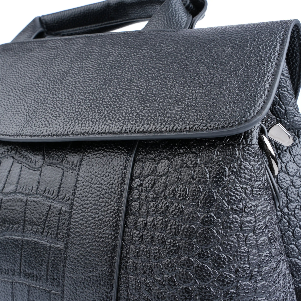 Croc embossed texture close-up on black vegan leather tote – ARLANA