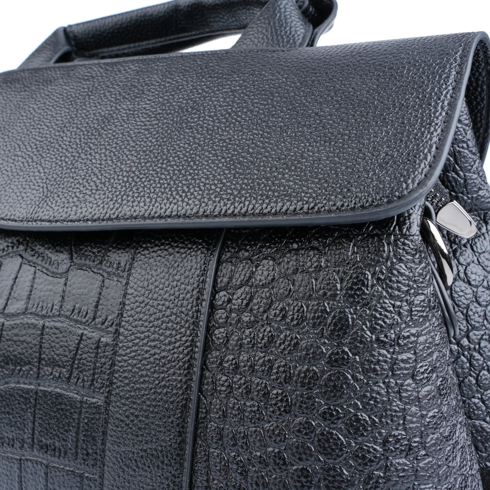 Croc embossed texture close-up on black vegan leather tote – ARLANA