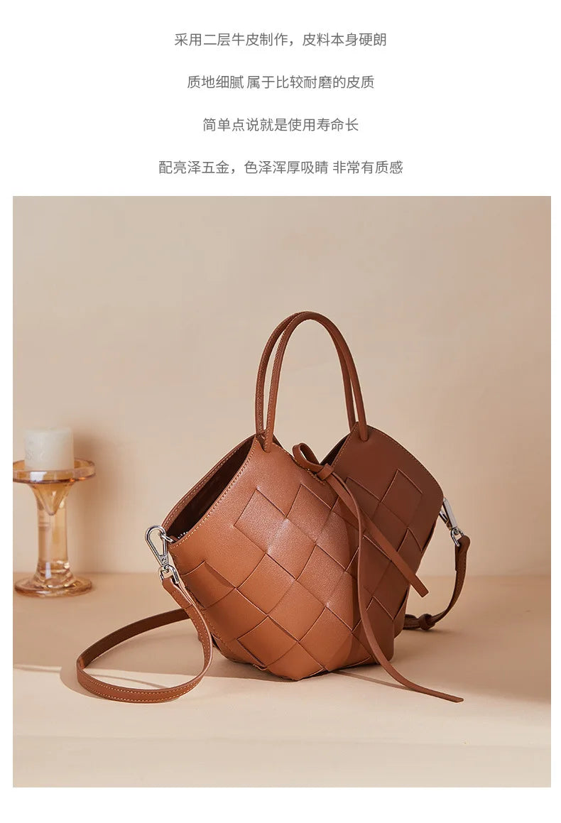 Female Minority Design Portable Vegetable Basket New Original Manual Cowhide Woven Single Shoulder Messenger Bag