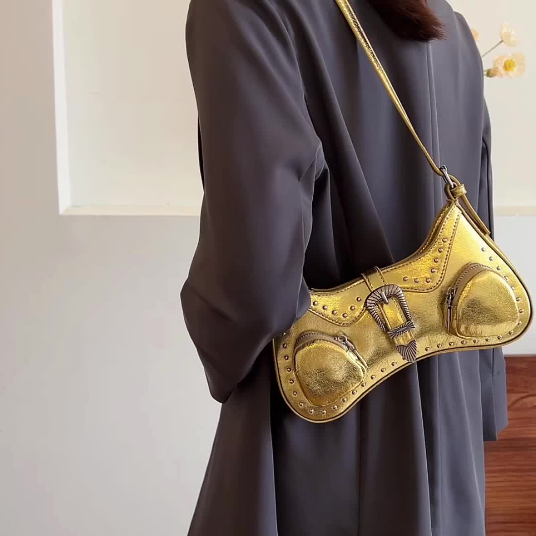 Gold Metallic Embossed Shoulder Bag – Buckle Detail Handbag for Women