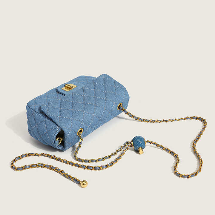 Quilted Denim Chain Shoulder Bag – Crossbody Flap Bag for Women Blue